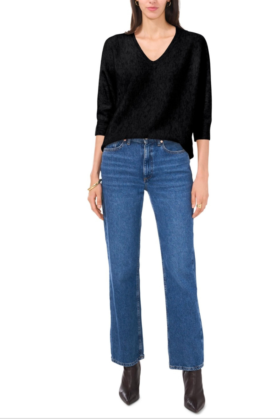 Vince Camuto Women V-Neck Dolman Sleeve Sweater Black Size L